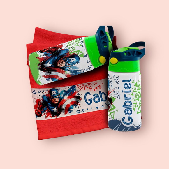 Kit Garrafinha e Toalhinha Personalizada Capitão América