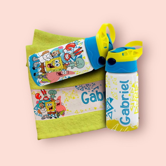 Kit Garrafinha e Toalhinha Personalizada Bob Esponja