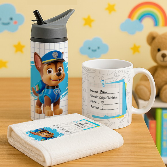 Kit Caneca, Toalhinha e Squeeze Volta Ás Aulas