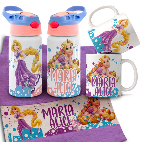 Kit Caneca , Garrafinha e Toalhinha Rapunzel