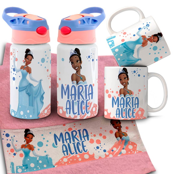 Kit Caneca , Garrafinha e Toalhinha Princesa Tiana