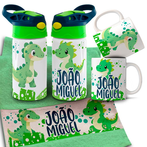 Kit Caneca , Garrafinha e Toalhinha Dinossauro