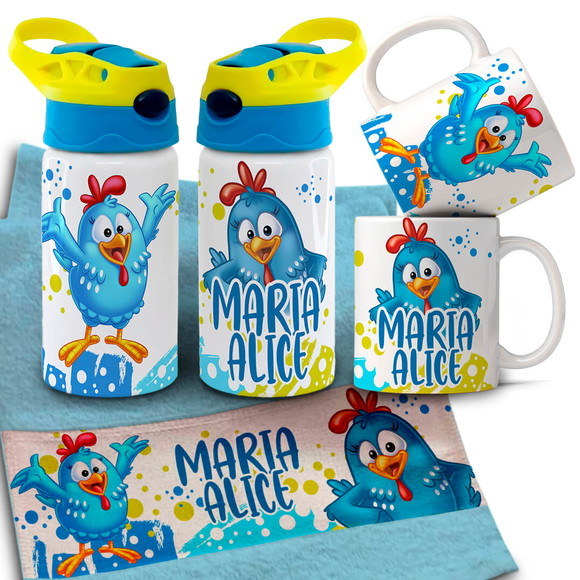 Kit Caneca , Garrafinha e Toalhinha Galinha Pintadinha