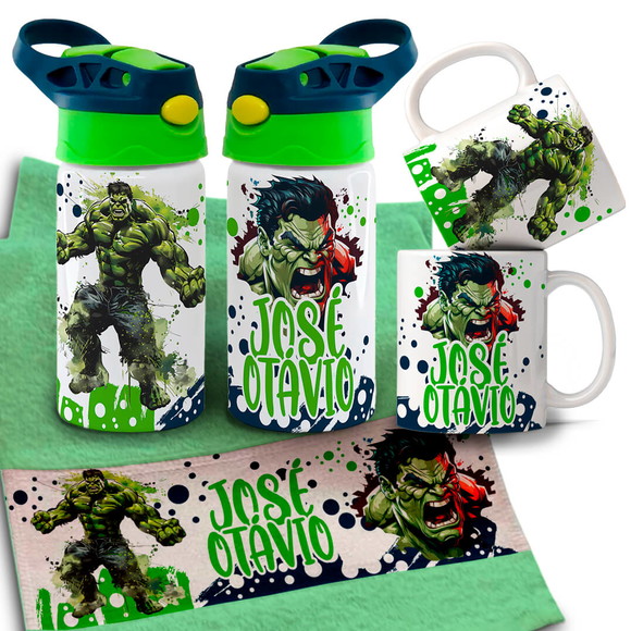 Kit Caneca , Garrafinha e Toalhinha Hulk