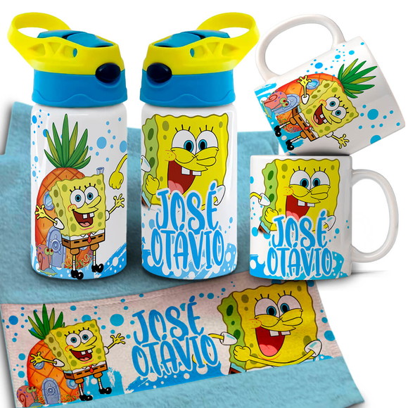 Kit Caneca , Garrafinha e Toalhinha Bob Esponja