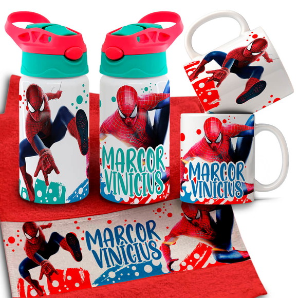 Kit Caneca , Garrafinha e Toalhinha Homem Aranha