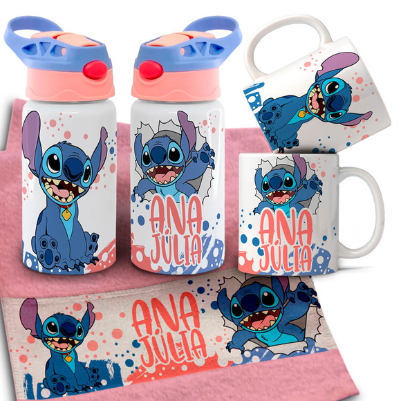 Kit Caneca , Garrafinha e Toalhinha Stitch