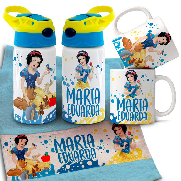 Kit Caneca , Garrafinha e Toalhinha Branca de Neve