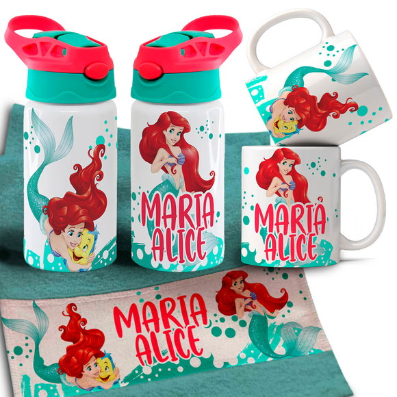 Kit Caneca , Garrafinha e Toalhinha Pequena Sereia