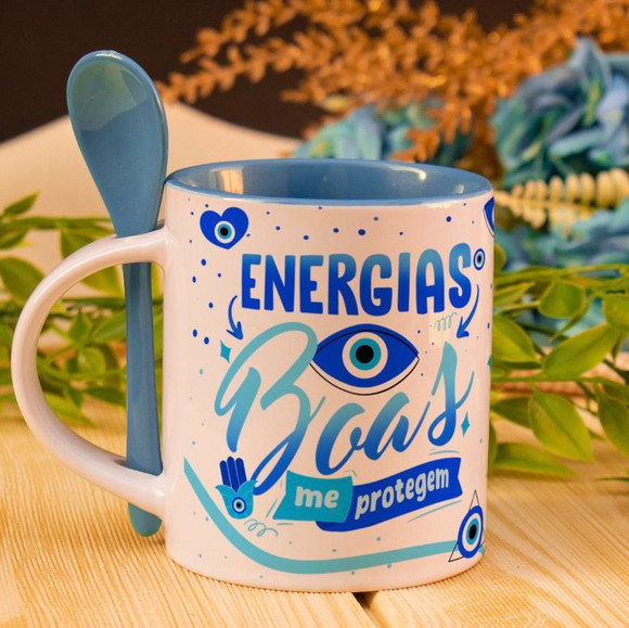 Caneca Personalizada de Porcelana com Colher Boas Energias