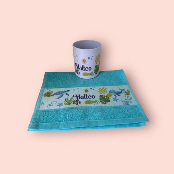 Kit Caneca Polímero e Toalhinha Personalizada Fundo do Mar