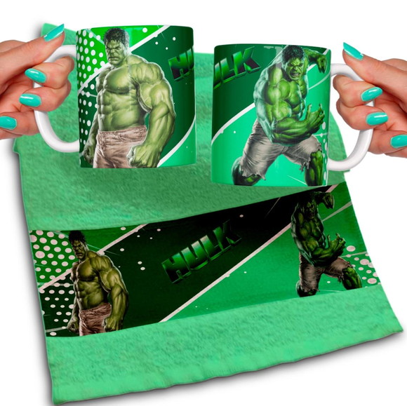 Kit Caneca Polímero e Toalhinha Personalizada Hulk