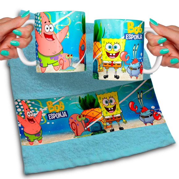Kit Caneca e Toalhinha Personalizada Bob Esponja