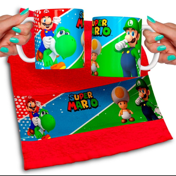 Kit Caneca e Toalhinha Personalizada Super Mario Bross