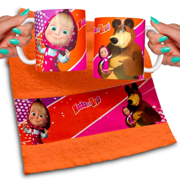 Kit Caneca e Toalhinha Personalizada Marsha o Urso