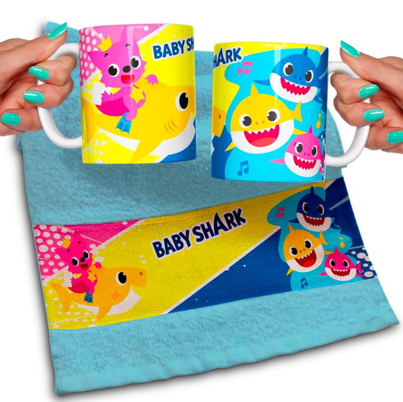 Kit Caneca e Toalhinha Personalizada Baby Shark