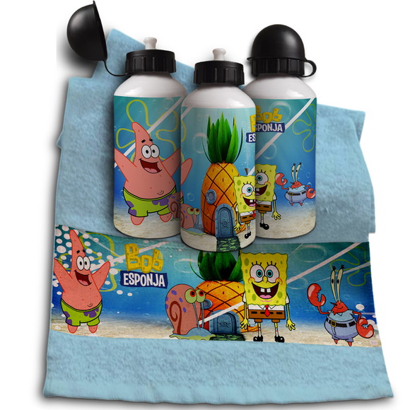 Kit Garrafinha e Toalhinha Personalizada Bob Esponja