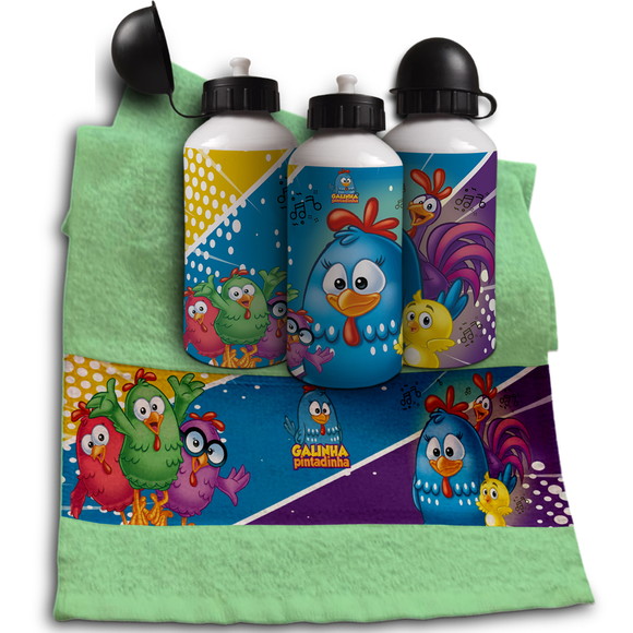 Kit Garrafinha e Toalhinha Personalizada Galinha Pintadinha