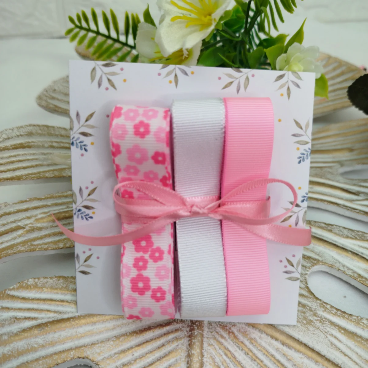 Kit de Fitas Gorgurão Florzinhas Rosa, Branco e Rosa Bebe - Imagem 3