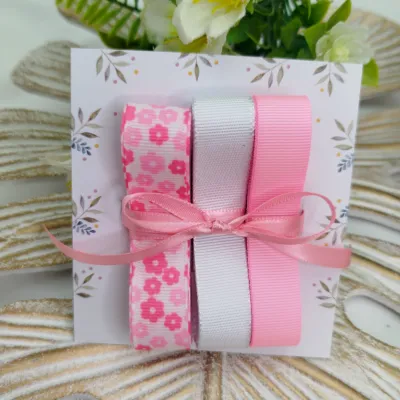 Kit de Fitas Gorgurão Florzinhas Rosa, Branco e Rosa Bebe