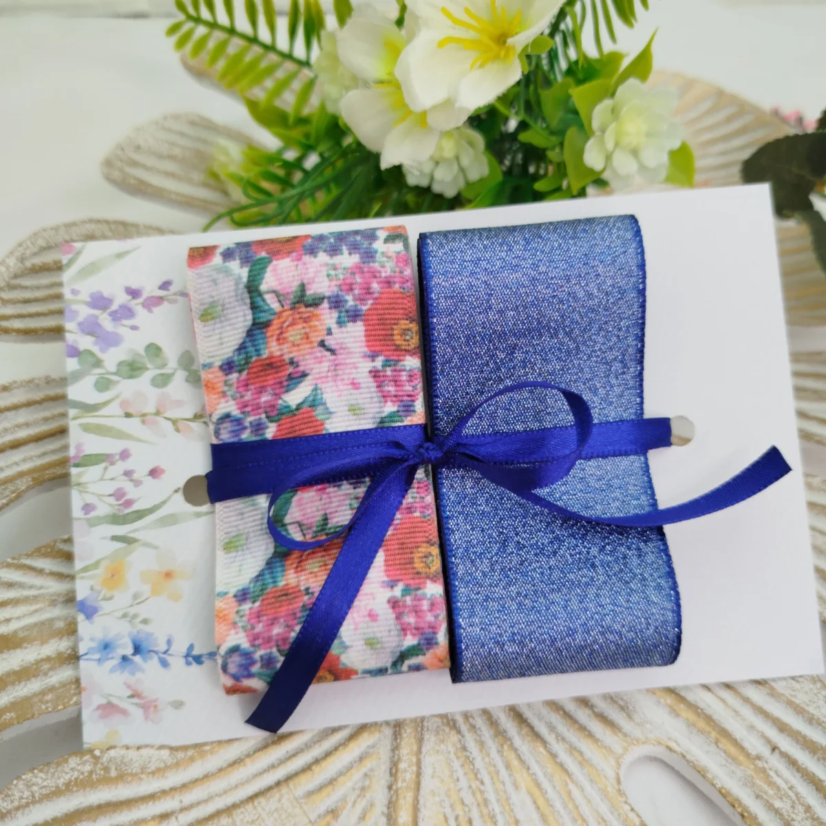 Kit de Fitas Floral Multicolor Fundo Nude — Gorgurão Estampado e Lurex Azul Marinho