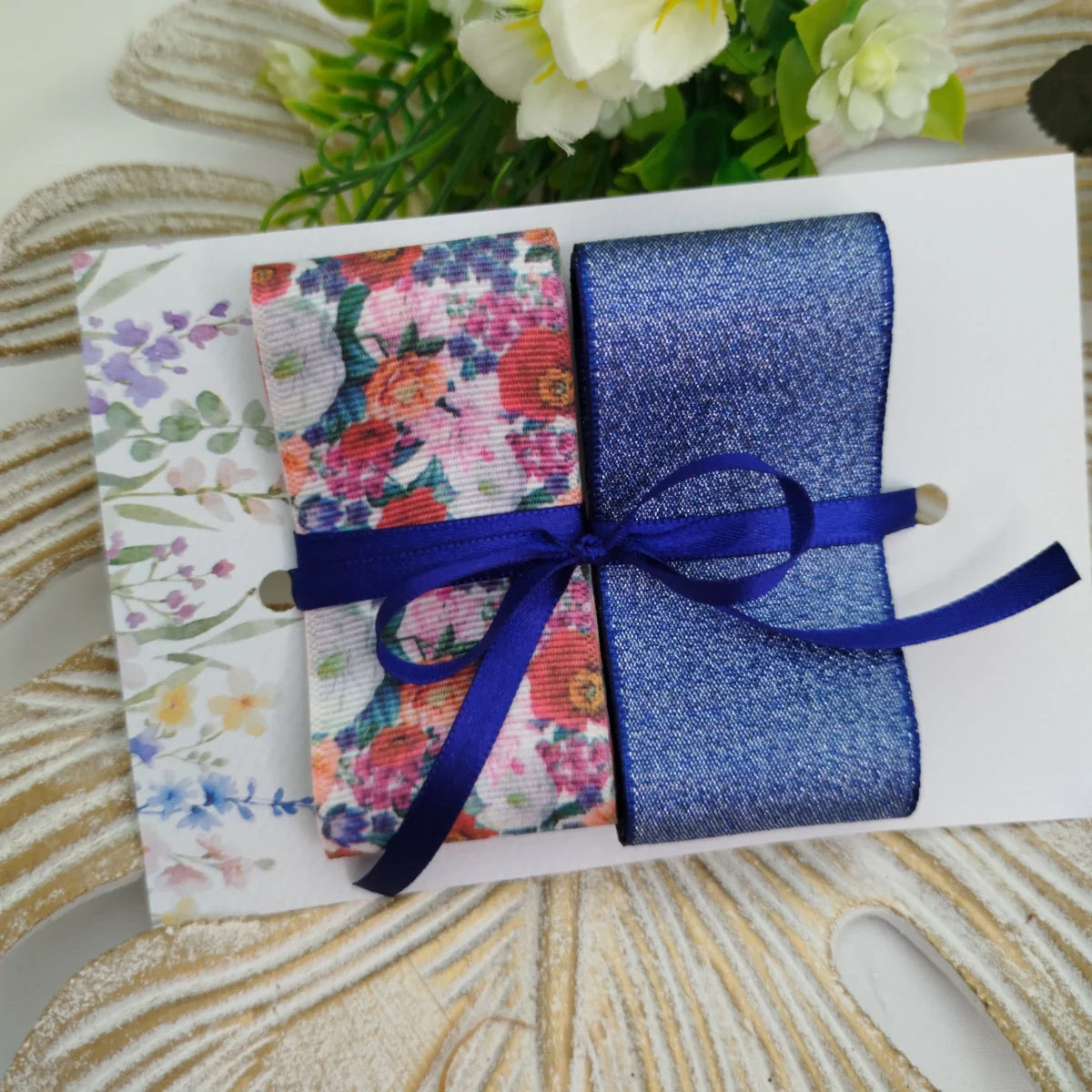 Kit de Fitas Floral Multicolor Fundo Nude — Gorgurão Estampado e Lurex Azul Marinho - Imagem 4