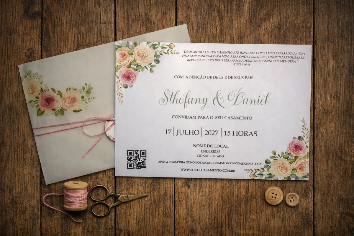 Convite de Casamento Floral Rosa com Envelope Translúcido, Cordão e Tag - Imagem 2