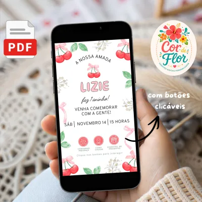 Digital Interativo 1 Aninho Tema Cerejinha Coquette Laço Rosa Menina