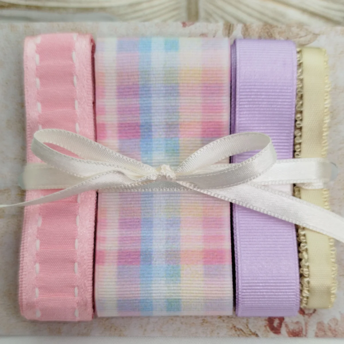 Kit de Fitas Xadrez Candy Color Pastel — Rosa Plissada, Lilás e Cetim Marfim