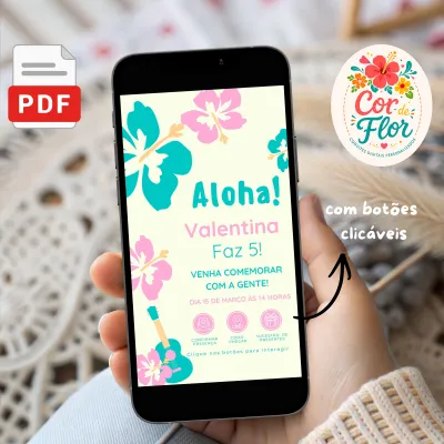 Convite Digital Interativo Aniversário Tema Havaiano Aloha Luau Menina
