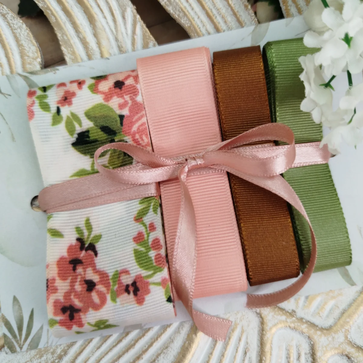 Kit de Fitas Floral Coral, Marrom e Verde — Gorgurão Estampado e Lisos Outonais