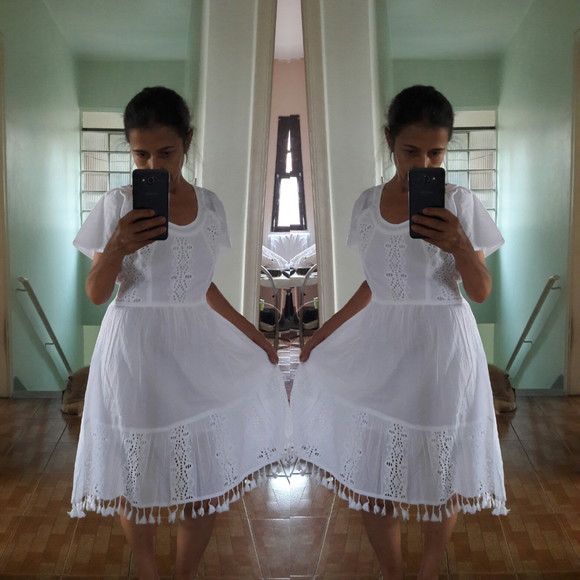 Vestido laise lese branco barra pompom - Imagem 2