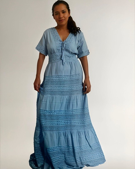 Vestido Longo Algodão Lese Renda Guipir Manga Curta