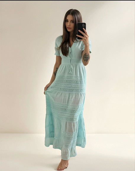 Vestido Longo Algodão Lese Renda Guipir Manga Curta
