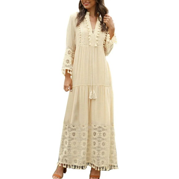 Vestido Longo Algodão Linho Renda Boyo Chic Cru