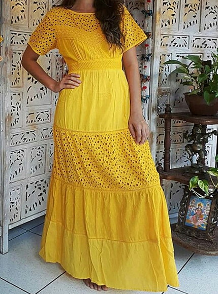 Vestido Longo Algodão Renda Manga Curta Civil Batizado Noiva