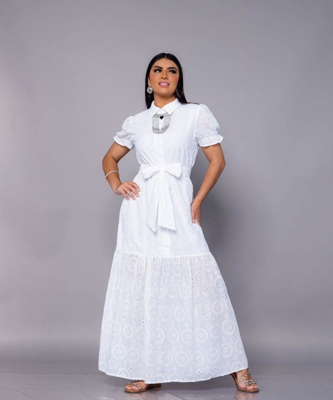 Vestido Longo Branco Algodão Bordado Lese Faixa Civil Festa