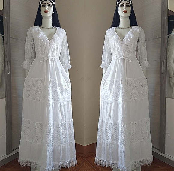 Vestido Longo Branco Algodão Laise Manga 3/4 Em Renda