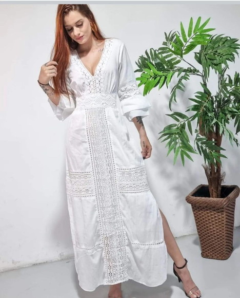 Vestido Longo Branco Laise Renda Noivado Casamento Civil