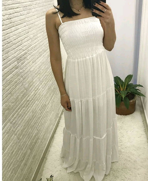 Vestido Longo Lastex Branco Rodado