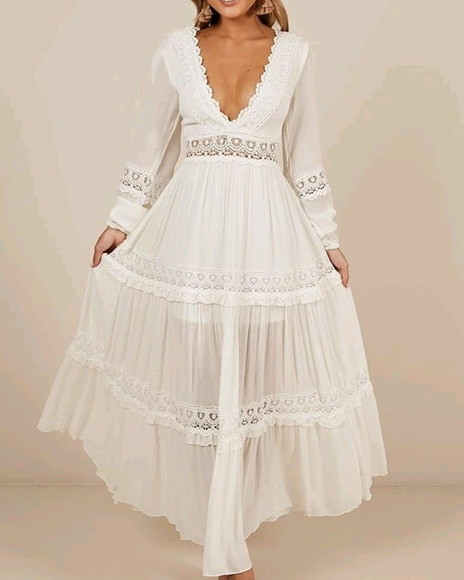 Vestido Longo Renda Grupir Manga Longa Seda