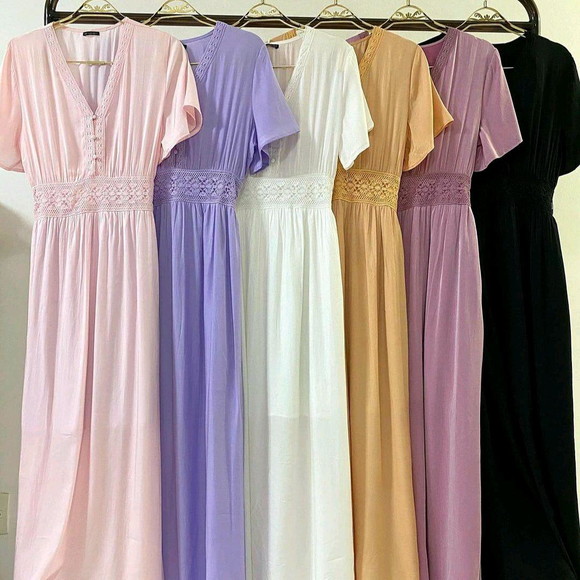 vestido longo tecido renda botões manga curta - Imagem 3