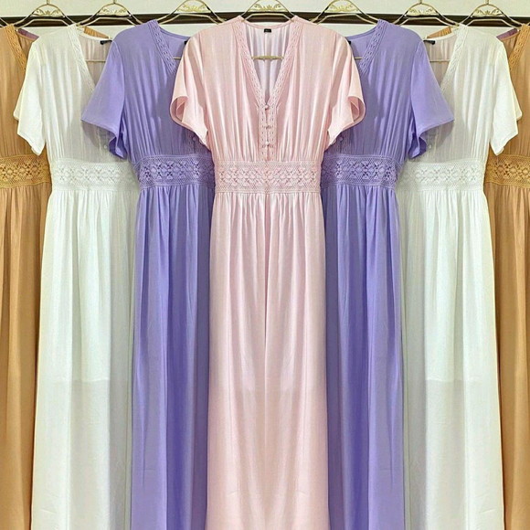 vestido longo tecido renda botões manga curta - Imagem 2