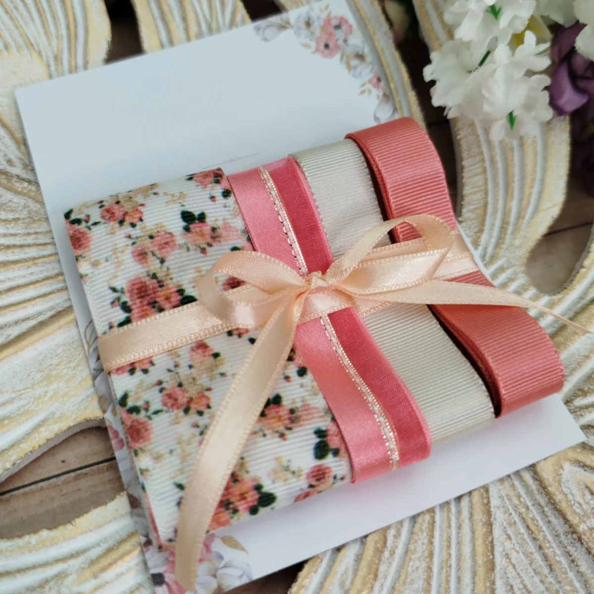Kit de Fitas Floral Buquês: Gorgurão Estampado, Rosa Salmão e Voil com Cetim