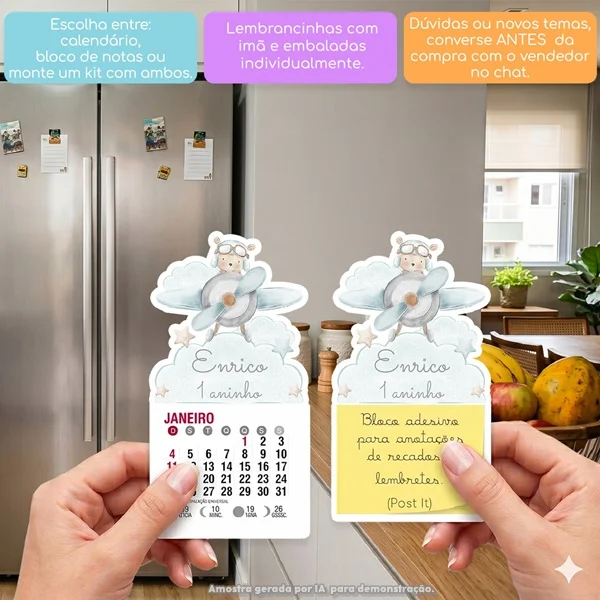 KIT COM 10 MINI CALENDÁRIO OU BLOCO DE RECADO URSO AVIADOR AQUARELA COM AVIÃO DE FRENTE