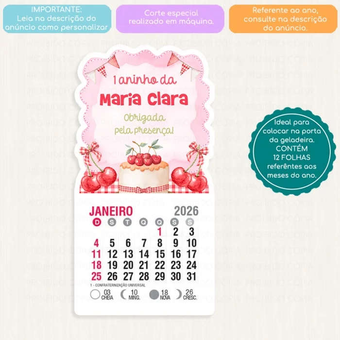 10 Lembrancinha Personalizada Festa Cerejinha Aquarela Mini Calendário ou Bloco de Recado - Imagem 4