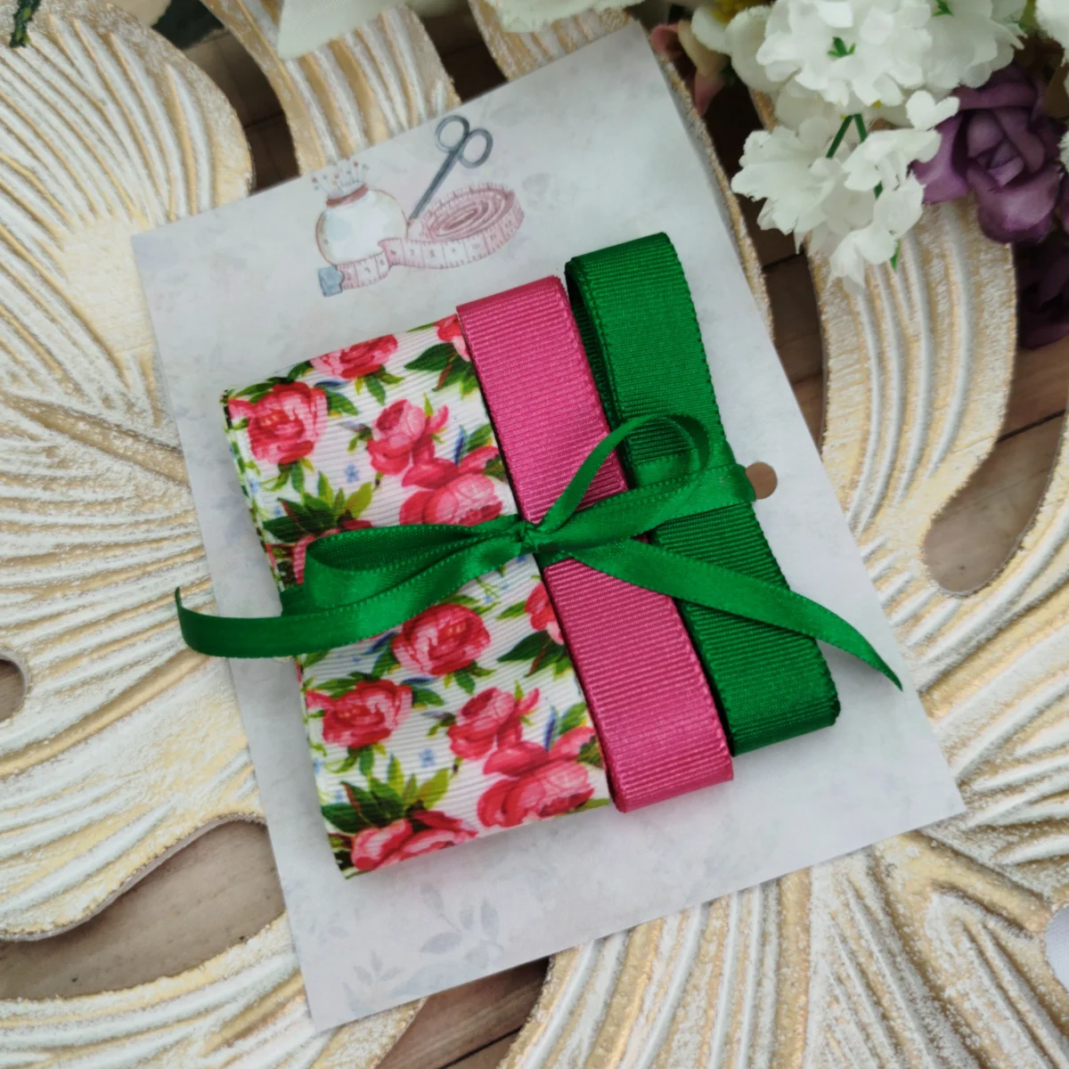 Kit de Fitas Floral Rosas — Gorgurão Estampado, Pink e Verde Bandeira