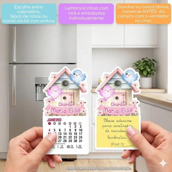KIT COM 10 MINI CALENDÁRIO OU BLOCO DE RECADO PASSARINHOS AQUARELA