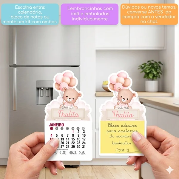 KIT COM 10 MINI CALENDÁRIO OU BLOCO DE RECADO URSINHA AQUARELA COM BALÕES COR DE ROSA