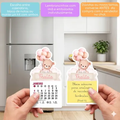 KIT COM 10 MINI CALENDÁRIO OU BLOCO DE RECADO URSINHA AQUARELA COM BALÕES COR DE ROSA